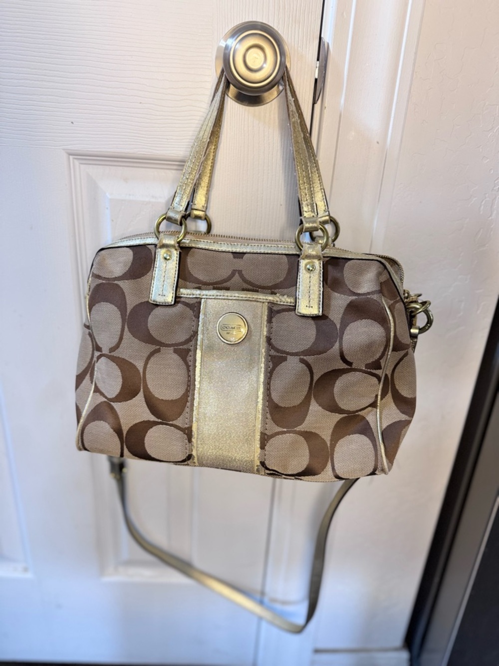 Coach Brown Signature Striped Nancy Canvas Satchel with Gold Trim